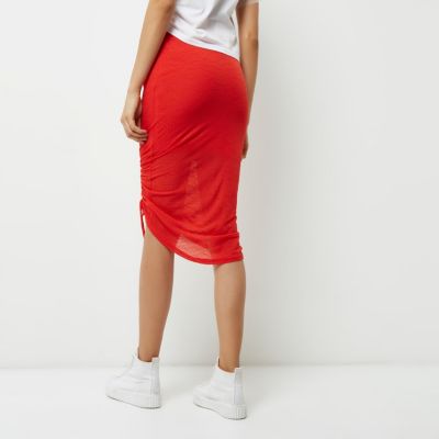 Coral asymmetric ruched jersey pencil skirt